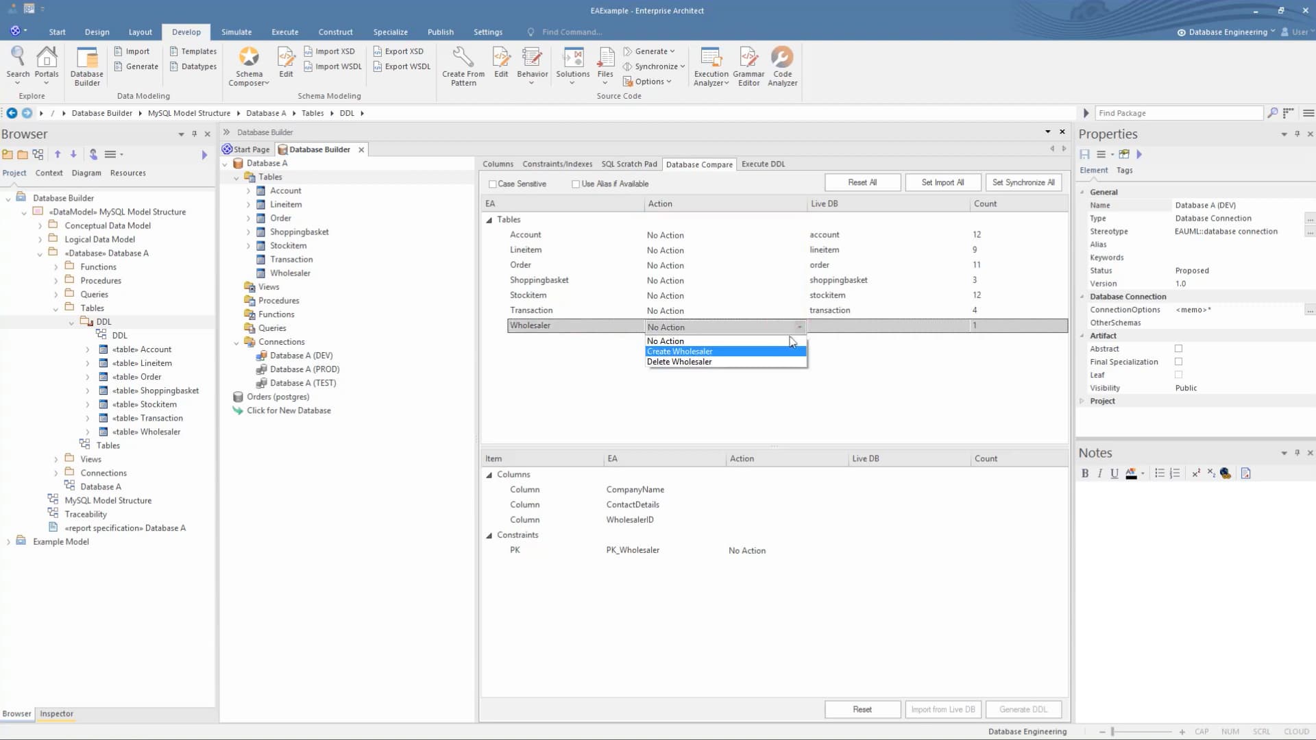 Sparx EA reverse engineering and database compare features