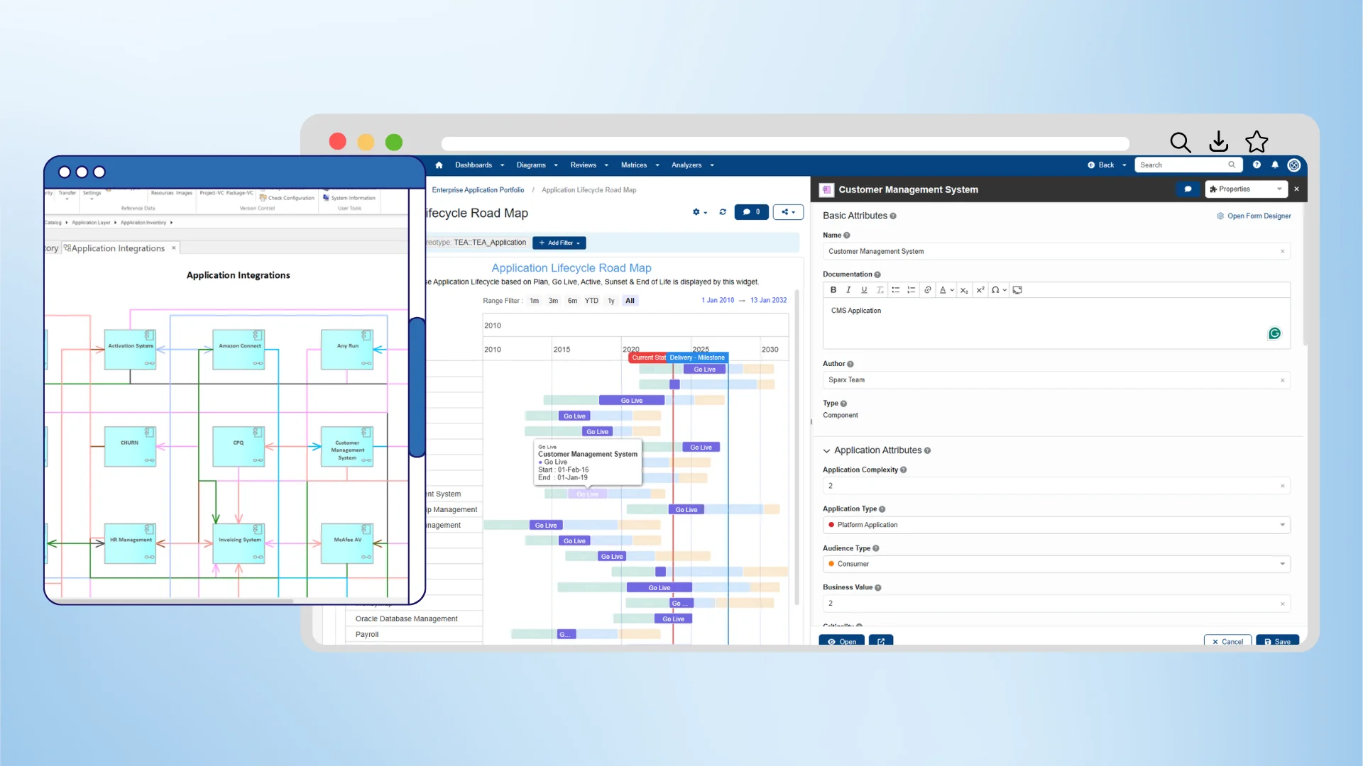 Senior business analyst reviewing detailed workflow diagram on large monitor showing version history timeline and approval stages in professional corporate office environment