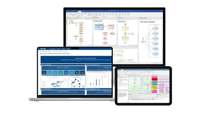 Malaysian business professionals collaborating on enterprise architecture diagrams using modern digital tools in contemporary office setting with large displays showing system models